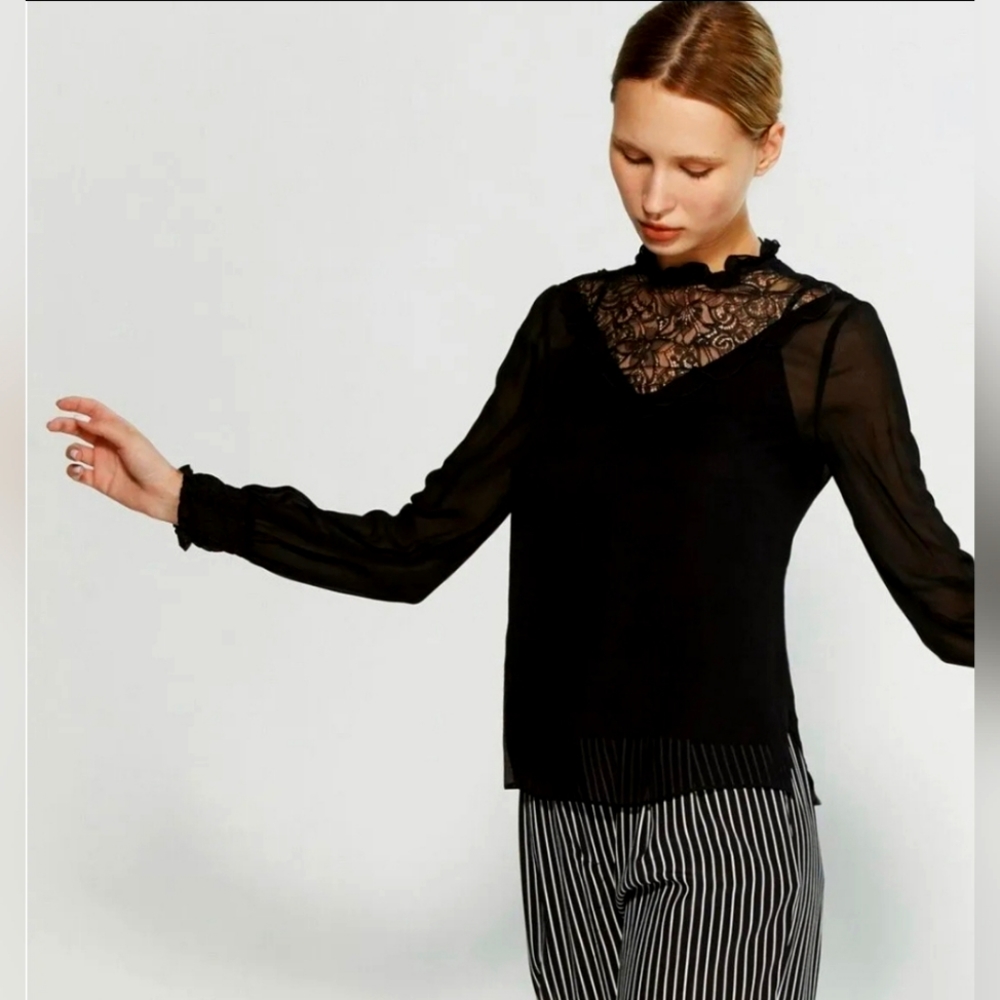 Derek Lam 10 Crosby Black Lace Ruffle Collar See-through Long Sleeve Top 6